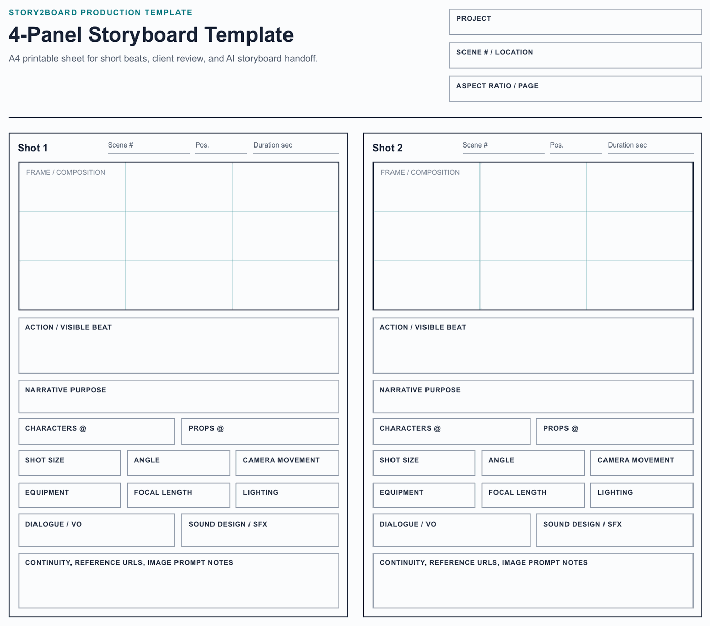 4-panel storyboard template sheet with frame, shot size, camera, dialogue, and continuity fields