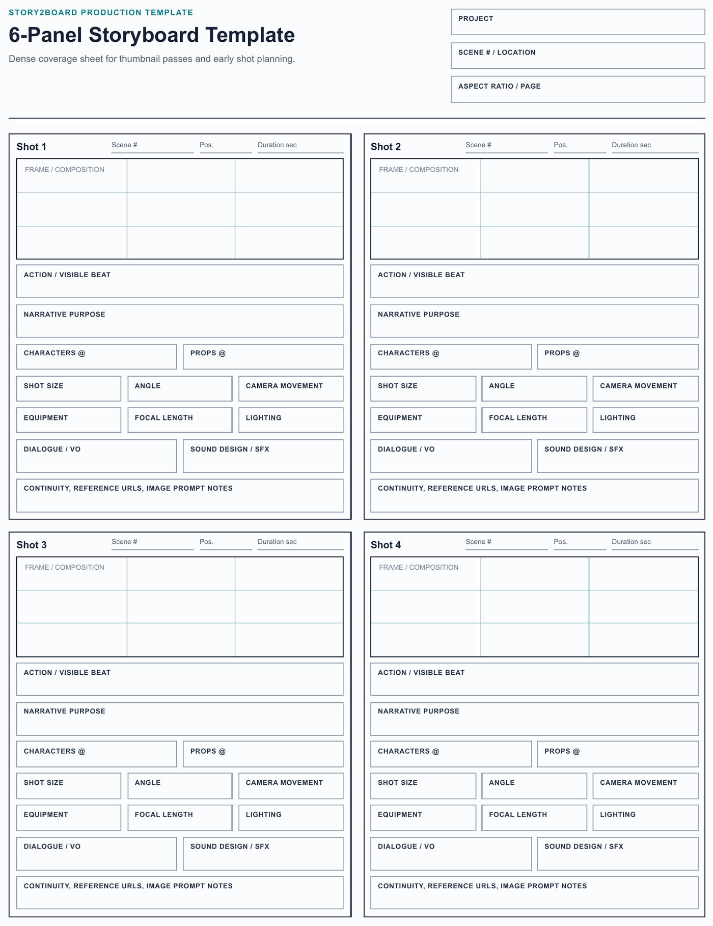 6-panel storyboard template sheet for thumbnail passes and shot-by-shot scene coverage