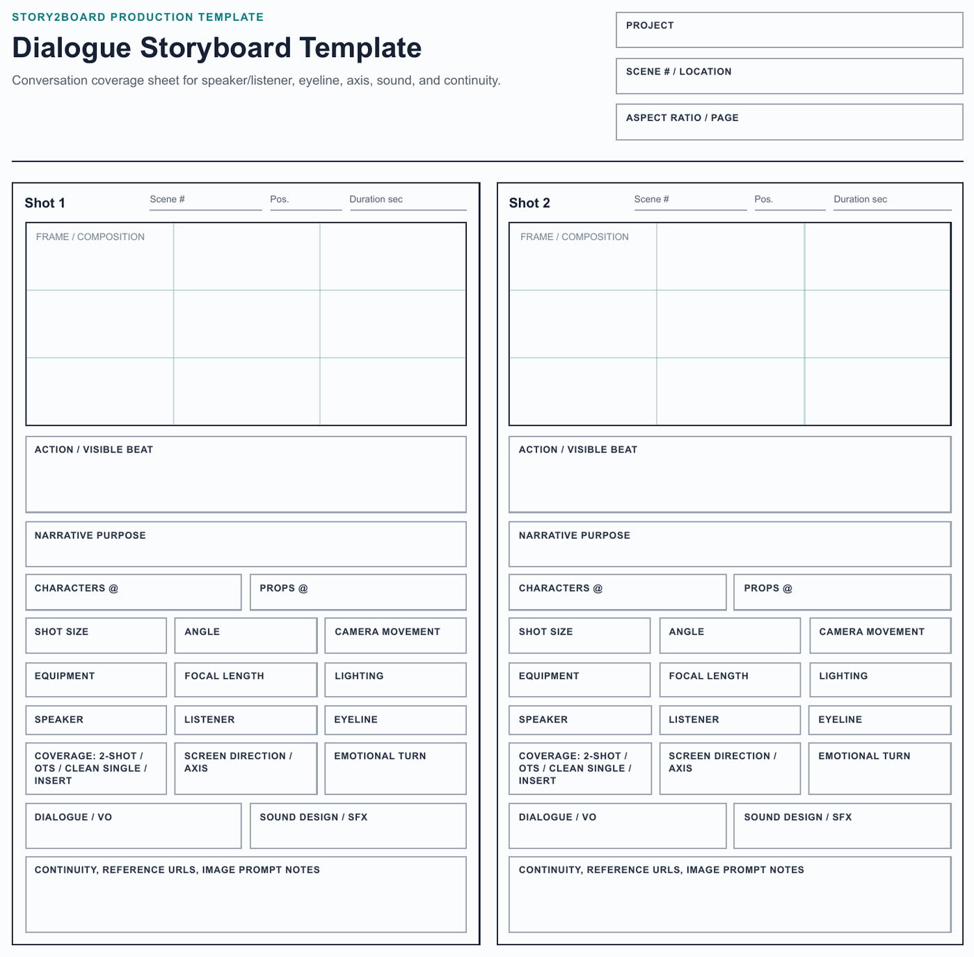 Dialogue storyboard template sheet with speaker, listener, eyeline, screen-direction, and axis fields