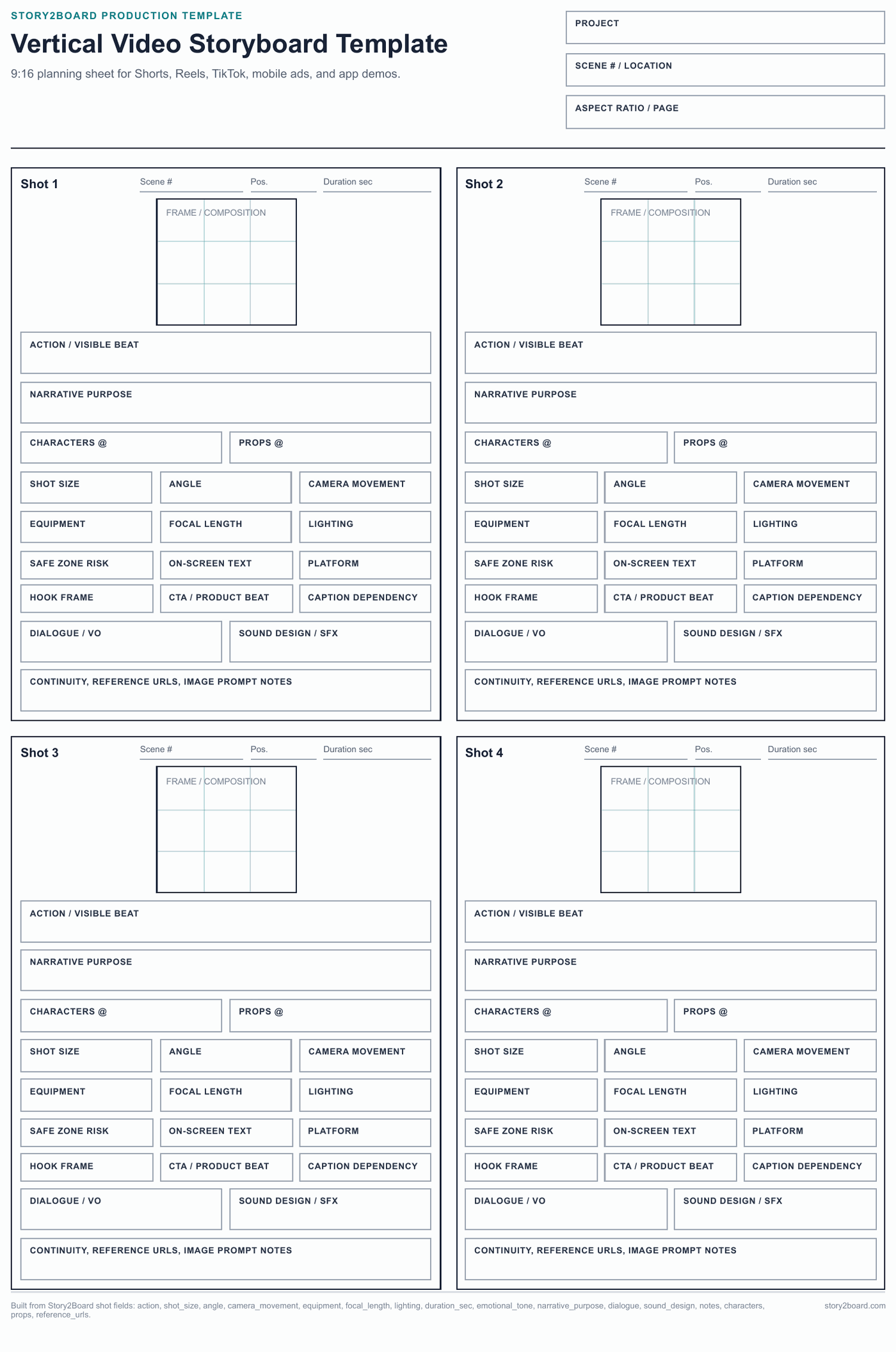 Vertical 9:16 video storyboard template sheet for Shorts, Reels, TikTok with hook, safe-zone, and caption fields
